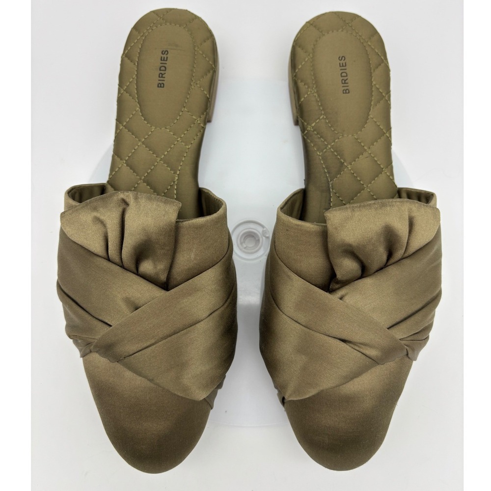 BIRDIES Mule Flat Shoe Satin Slide Olive Green Gold Slip On Knot Songbird 10.5